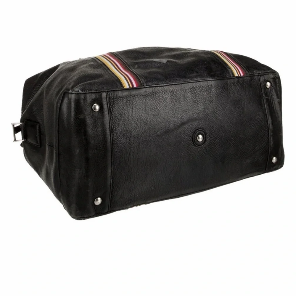 Paul Smith Black Leather Weekender Bag with Multicolor signature strip
